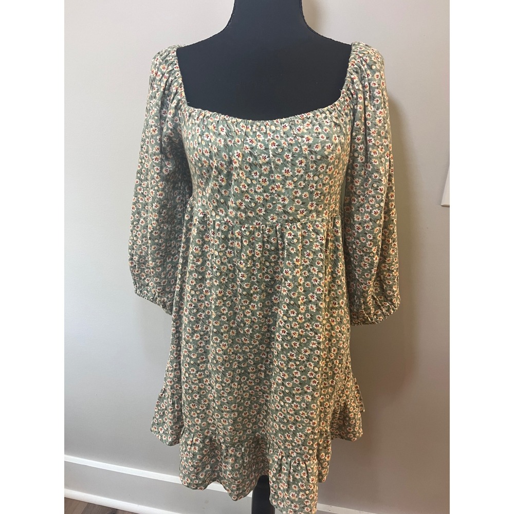 Altar'd State Green Ditsy‎ Floral Mini Dress Cutout Back Balloon Sleeve Medium